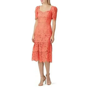 Saylor Women's Dress Louisa Lace Sheath Midi Sweetheart Neck Burnt Coral Size S